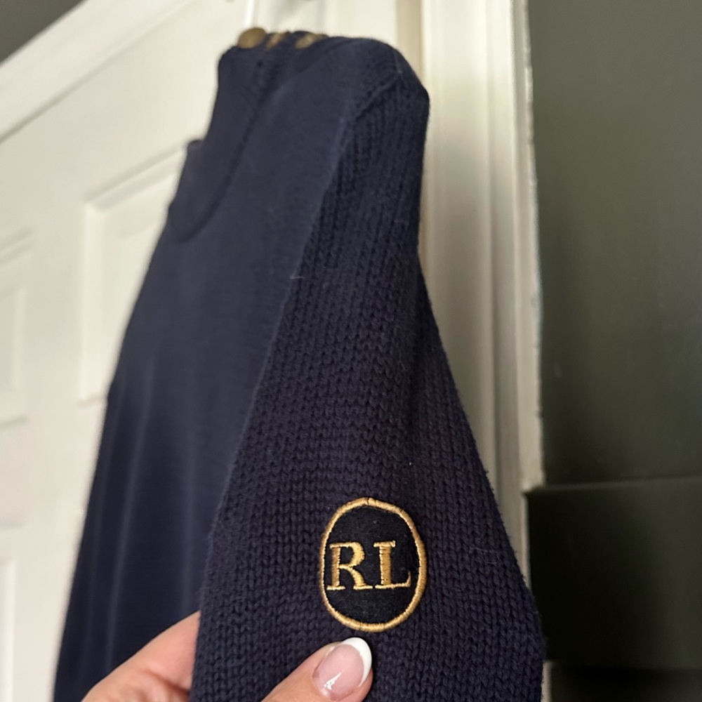 Vintage Ralph Lauren Country Navy Cotton Mock Neck Sweater Anchor Buttons Patch